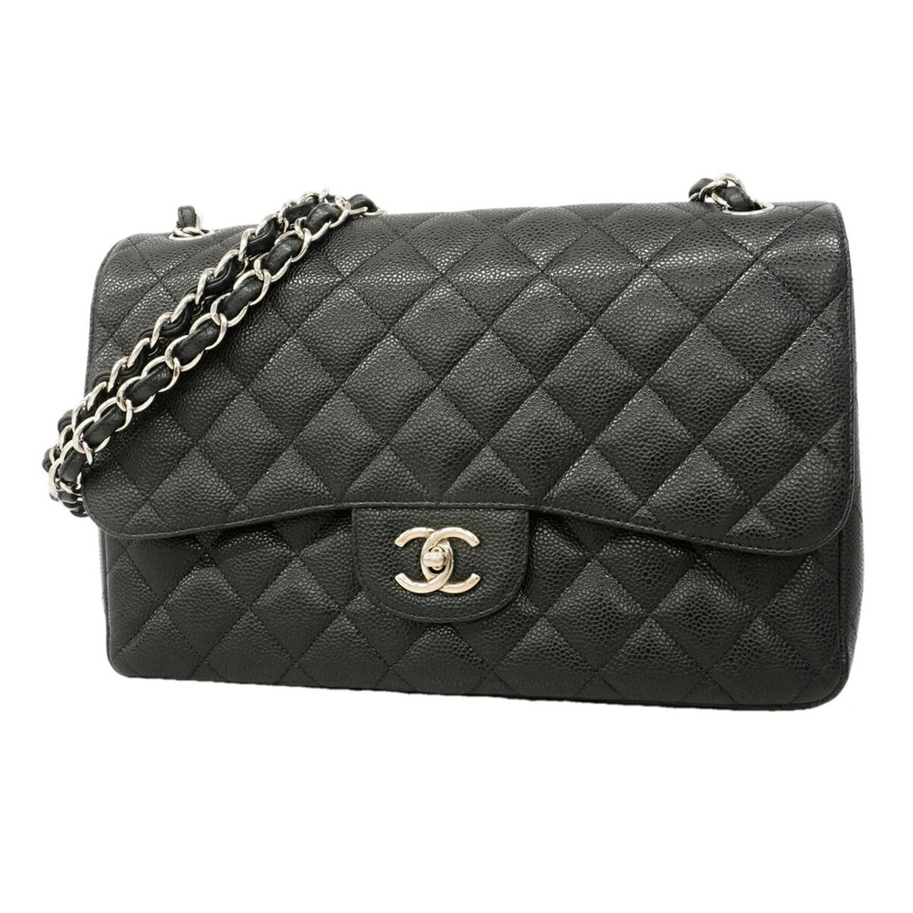Chanel Shoulder Bag, Large Matelassé, Double Flap, Chain, Caviar Leather, Bla...